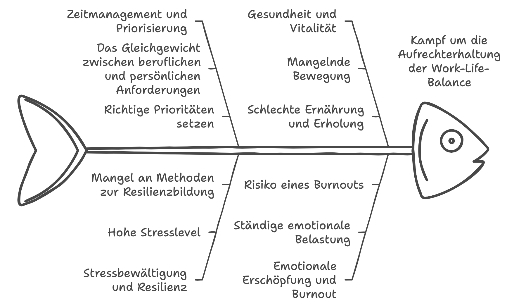 Fischgrätendiagramm aus der ESSENTIAE-Perspektive – verschiedene mögliche Ursachen für Stress und Überlastung übersichtlich dargestellt